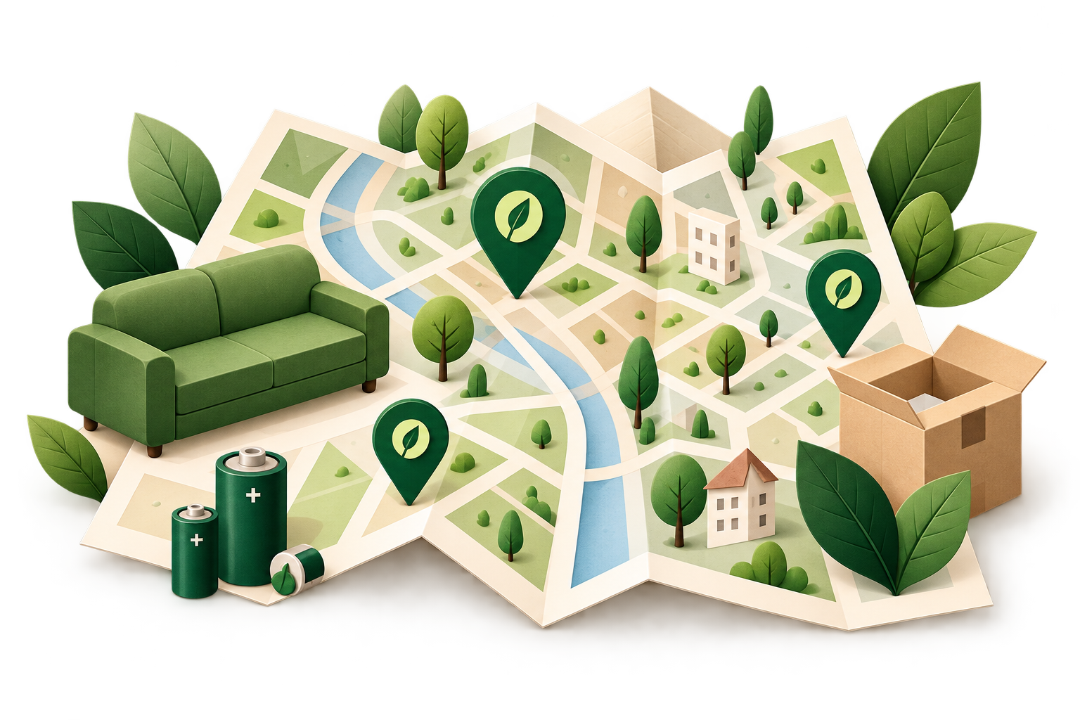 Carte illustrée avec des points de collecte, un canapé, des piles et un carton