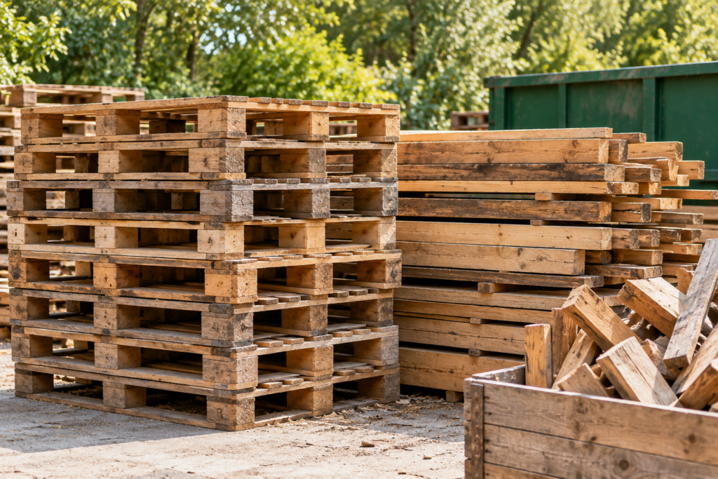 Palettes, planches et chutes de bois dans une zone de collecte
