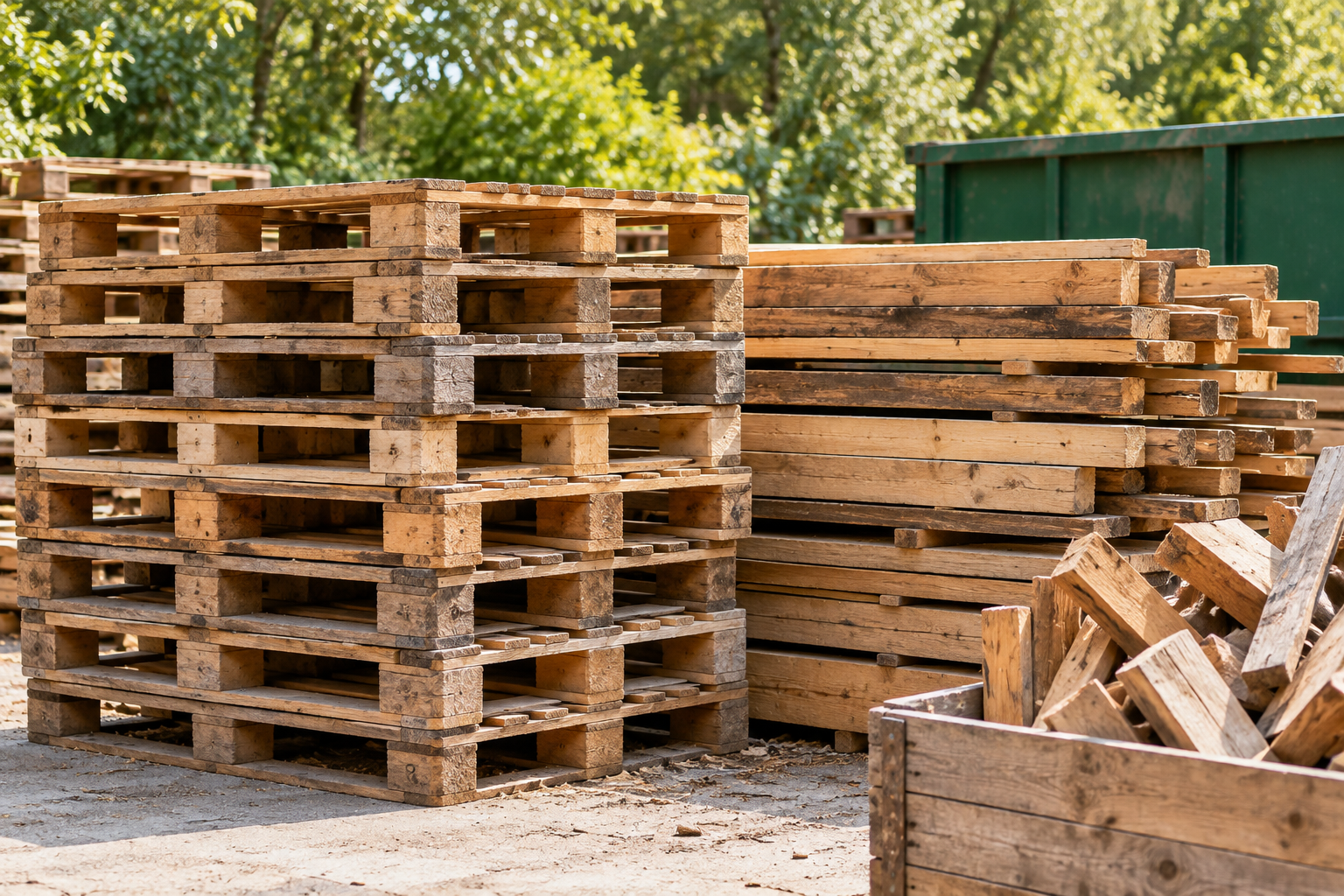 Palettes, planches et chutes de bois dans une zone de collecte
