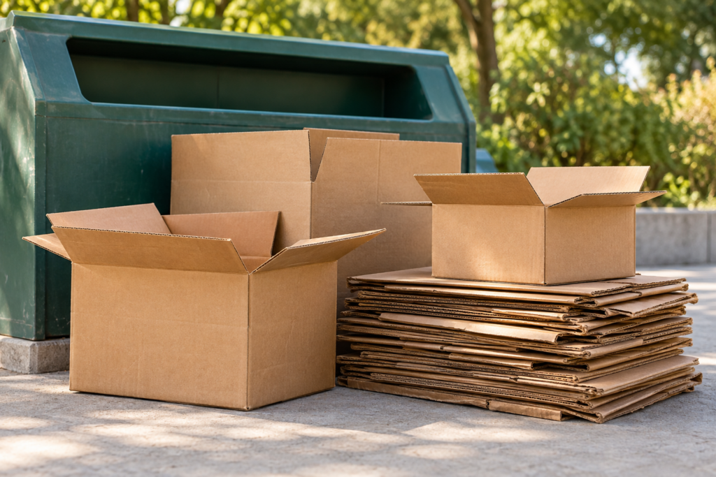 Cartons vides et aplatis devant un conteneur de collecte vert