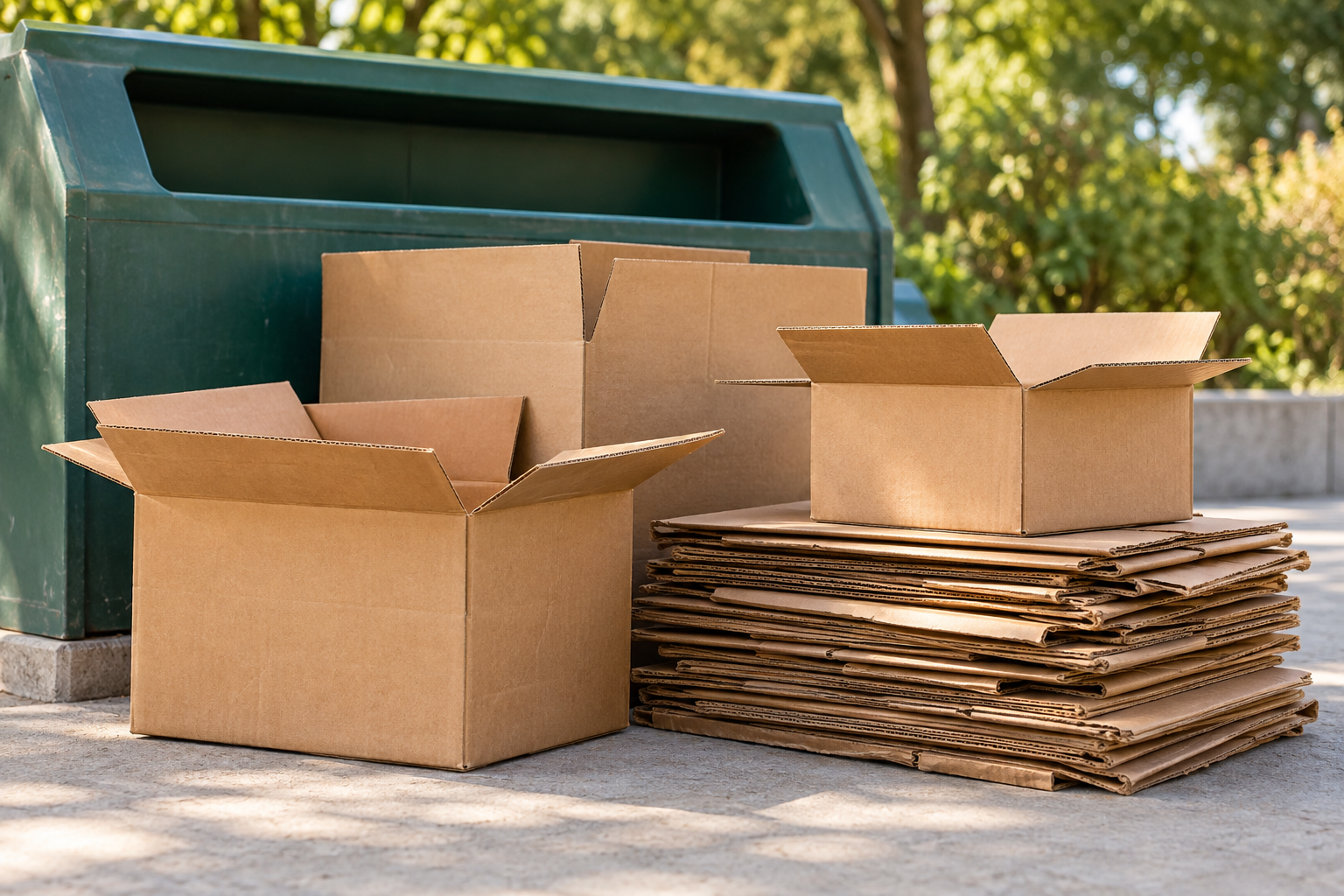 Cartons vides et aplatis devant un conteneur de collecte vert
