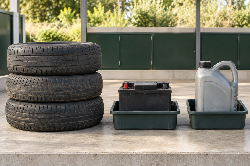 Pneus usagés, batterie automobile et bidon fermé d’huile de vidange présentés séparément dans une zone de collecte.
