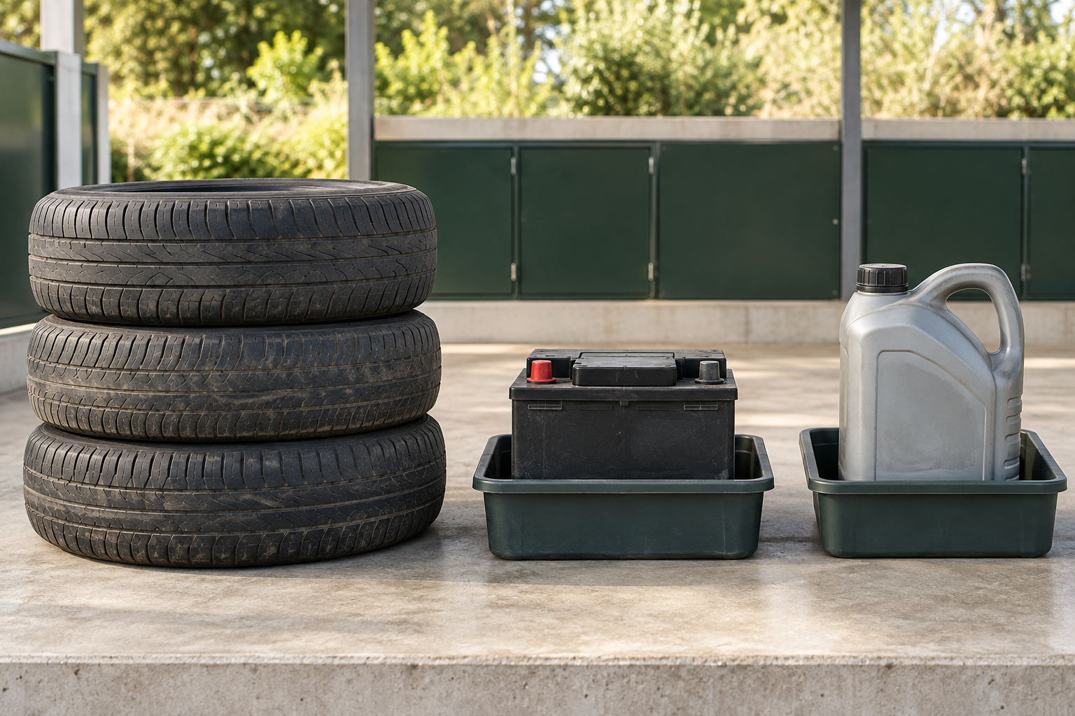 Pneus usagés, batterie automobile et bidon fermé d’huile de vidange présentés séparément dans une zone de collecte.