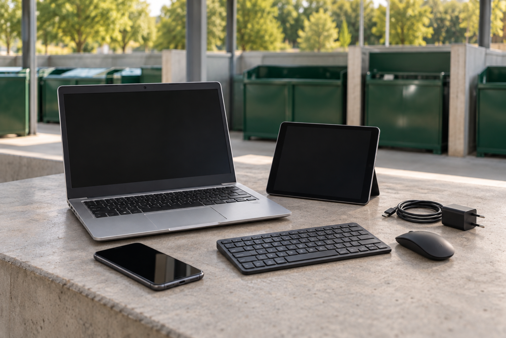 Ordinateur portable, tablette, téléphone et accessoires électroniques dans une zone de collecte dédiée.