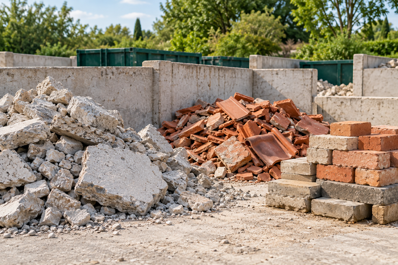 : Gravats de béton et de terre cuite triés, avec des briques et pavés réutilisables sur une plateforme de collecte.