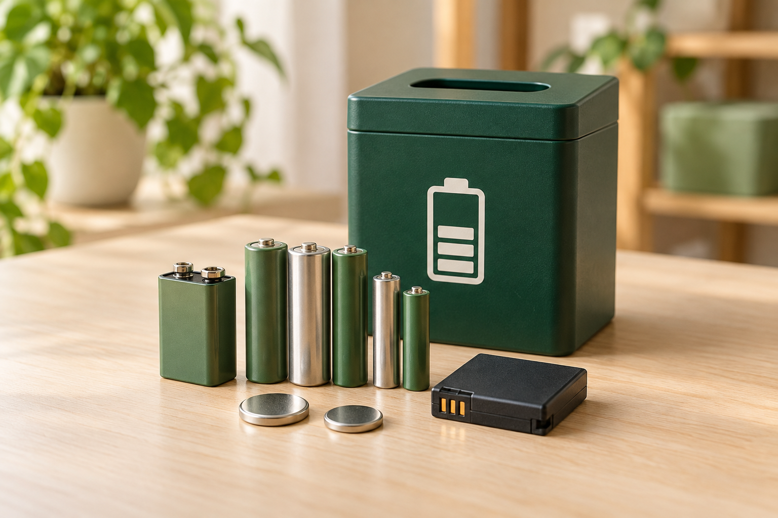 Piles et petites batteries devant une boîte de collecte verte
