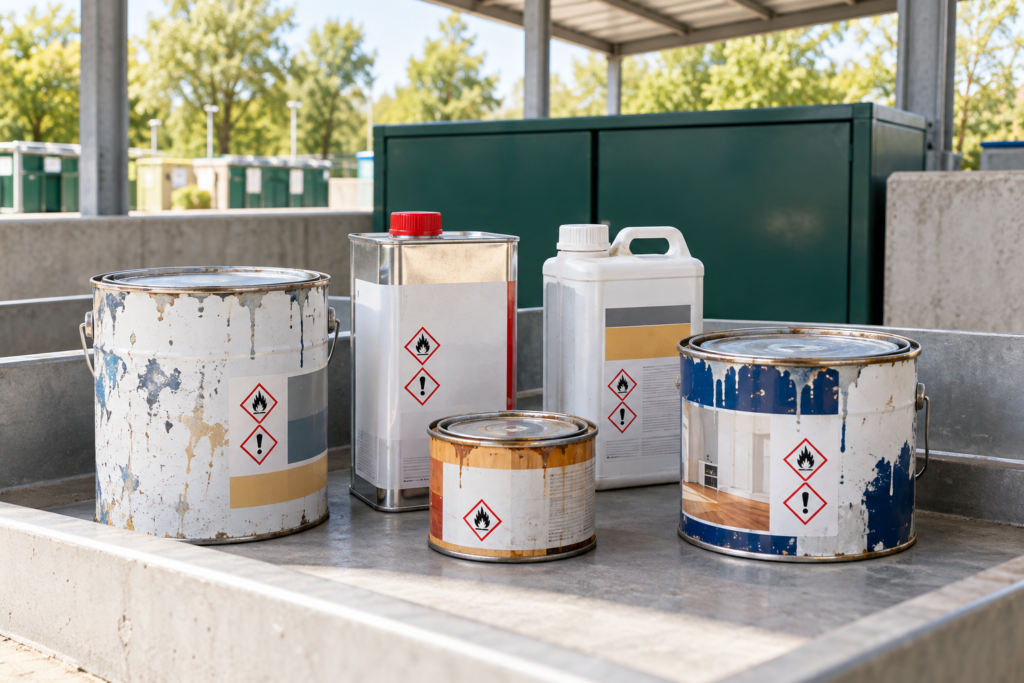 : Pots de peinture et bidons de produits chimiques fermés dans une zone de collecte dédiée en déchèterie.