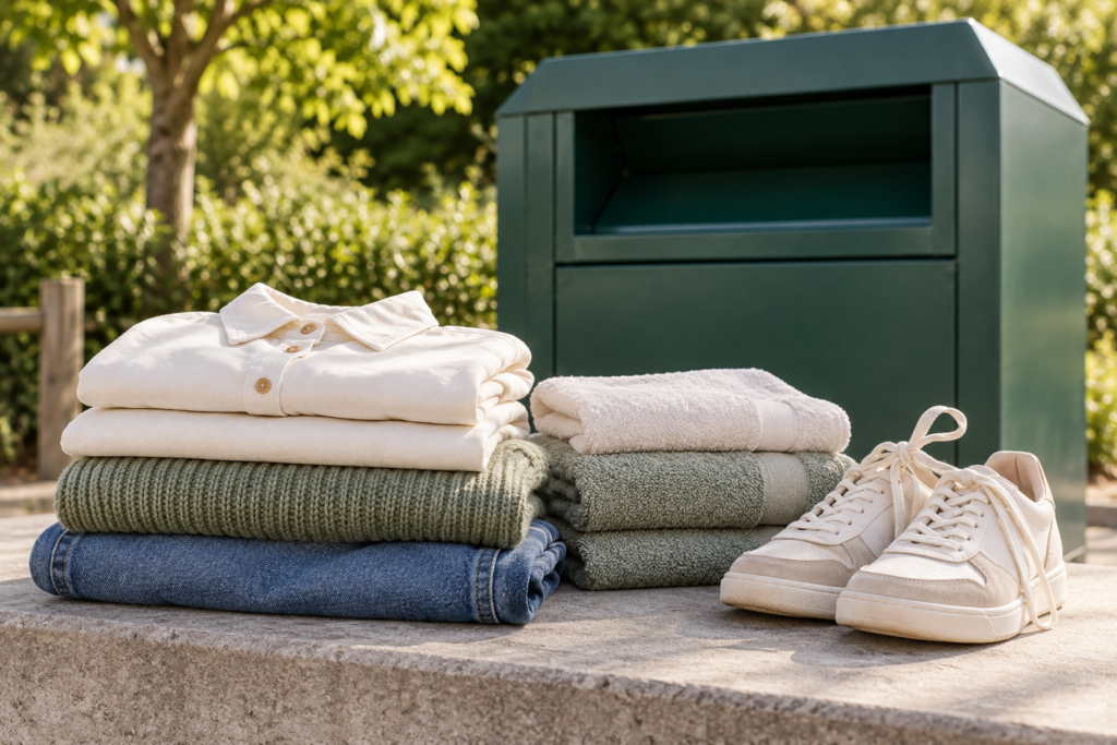 Vêtements et linge de maison propres et pliés, avec une paire de chaussures près d’un conteneur de collecte textile.
