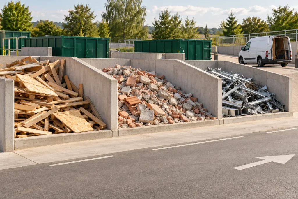 Aire de dépôt avec des zones séparées pour le bois, les gravats et les métaux.