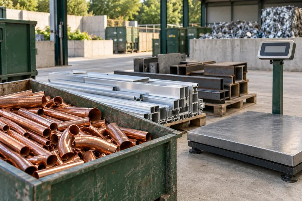Lots de cuivre, d’aluminium et d’acier séparés près d’une plateforme de pesée.